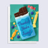 Greeting card with a candy bar and colorful candies on a green background "thanks! you're sweet"